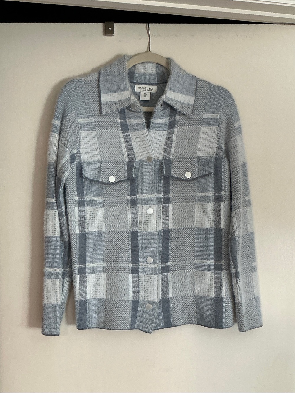 Rachel Zoe Light Blue and Gray Plaid Button-Front Shacket